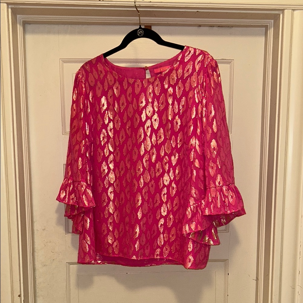 Lilly Pulitzer Pink Blouse with Ruffled 3/4 Sleeves